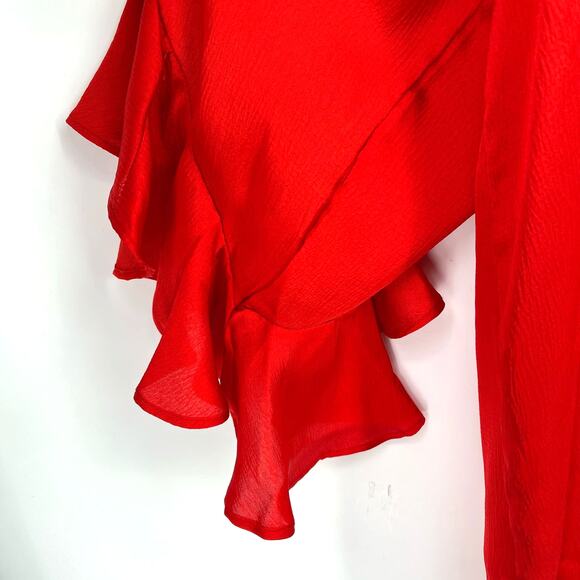 New Calessa Red Satin 3/4 Flutter Ruffle Sleeve Blouse Shirt Womens Plus Size 1X - Picture 2 of 5
